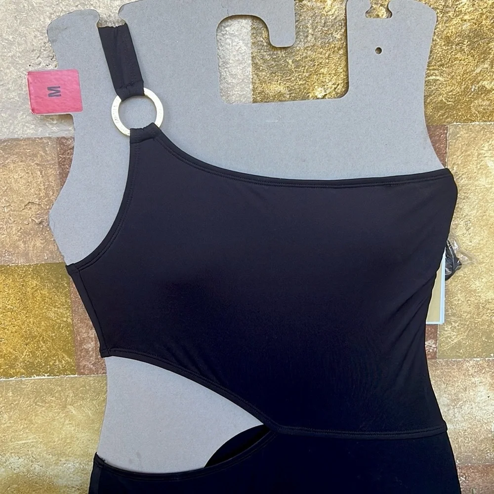 NEW Michael Kors One Shoulder O-Ring Black Cut-Out One Piece Swimsuit, Size 8